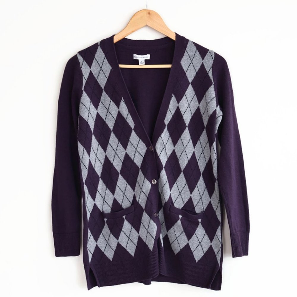 Croft & Barrow Argyle Button Up Cardigan - Dark Purple & Grey - Size S